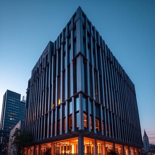 Gambar sebuah bangunan moden dengan garisan seni bina yang menawan pada waktu senja.