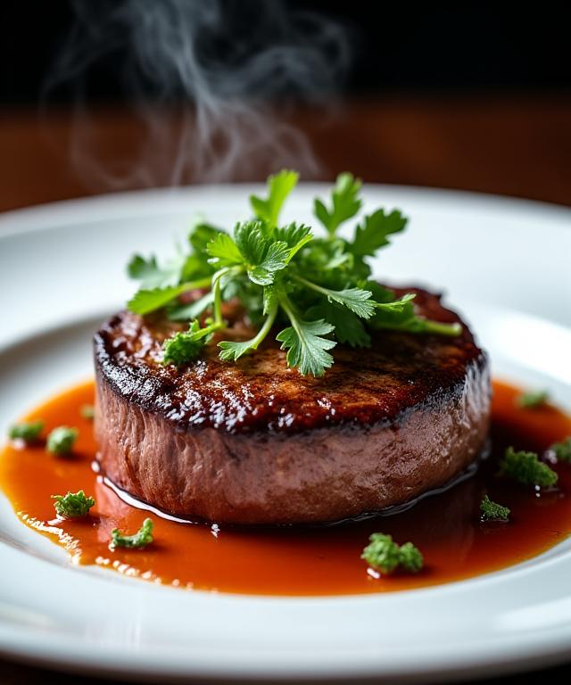 Hidangan stik yang dipersembahkan dengan elegan di atas pinggan putih.